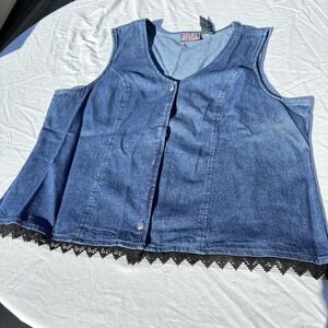 Vintage Ozark Mountain Jean Vest Size XL Button Front Black Lace Trim Bottom